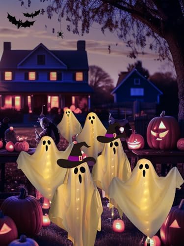 6-Pack Solar Powered Ghost Halloween Decorations Outdoor, Auto On/Off, Ghost Path Lights for Scary Party Yard Garden Lawn Holiday Decor(Warm White)