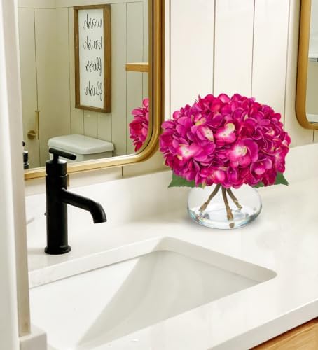 Hollyone Hydrangea Artificial Flowers with Glass Vase Fuchsia Silk Faux Flowers Arrangements in Vase with Faux Water Fake Floral Bulk Bouquet for Home Decor Table Centerpiece Decorations