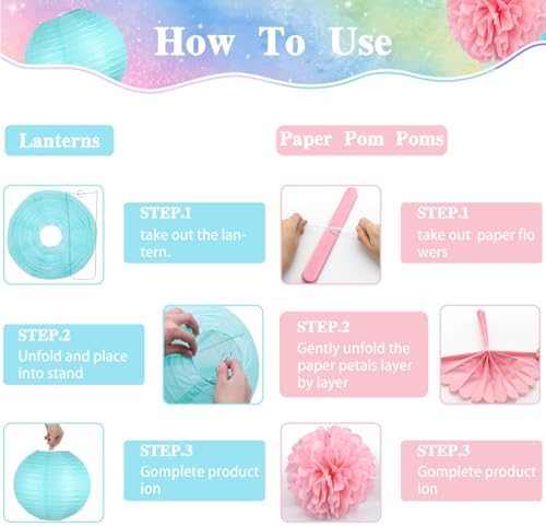 14 Pcs Pastel Party Decorations, Paper Pom Poms Lanterns Garland, 8/10 Inch