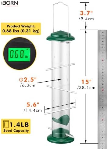 iBorn Nyjer & Thistle Bird Feeder for Outdoors Hanging，Finch Feeders for Outside，Metal Tube Bird Feeder 14 Inch with 12 Small Ports,8 Metal Perches,Green