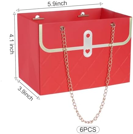 baotongle 6pcs Flower Paper Gift Box Bouquet Storage Bucket Handbag with Metal Chain Flower Boxes for Arrangements Wedding Mother's Day Birthday Bridal Shower (Red)