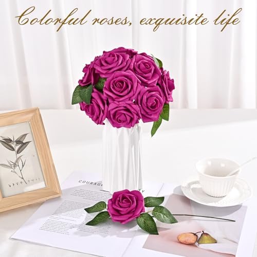 BLEUM CADE 16Pcs Artificial Flowers Fake Foam Roses with Stems for Wedding