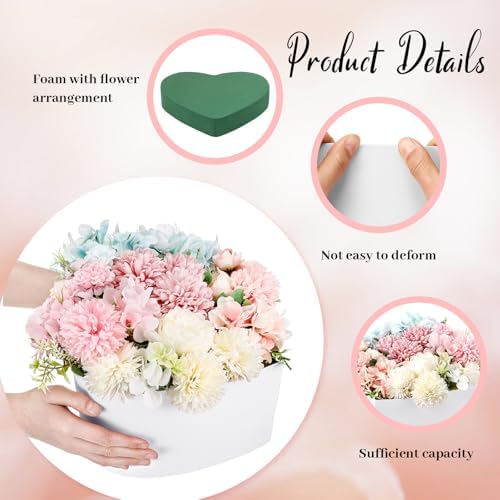 Nuenen Heart Gift Boxes for Her Him with Lid & Floral Foam Set, Grad Flower Gift Box with Clear Cellophane 9.8 x 9 x 5 Inches for Wedding Bridesmaid Birthday(White)