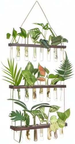 Mkono Plant Propagation Station, 3 Tier Large Brown Wall Hanging Vase Tubes | Glass Terrarium Planter,Wooden Stand,for