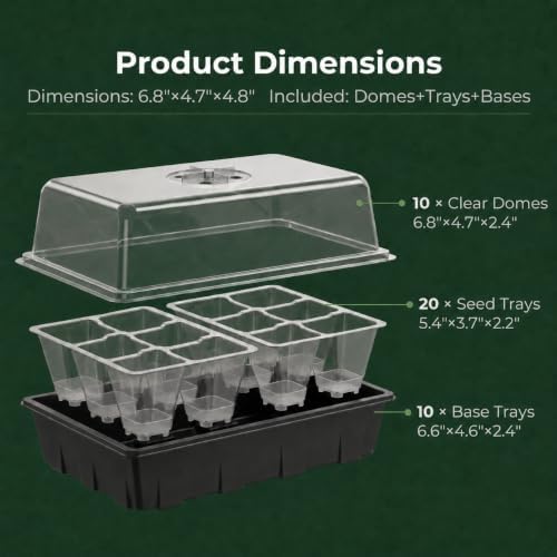 Gardzen 10 Pack Push-Up Seed Starting Tray, Pop Up Plant Germination Trays, Seed Starter Kit with Adjustable Humidity Vented Dome, 6.6" x 4.5", Total 120-Cell, Clear