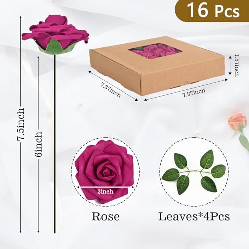 BLEUM CADE 16Pcs Artificial Flowers Fake Foam Roses with Stems for Wedding