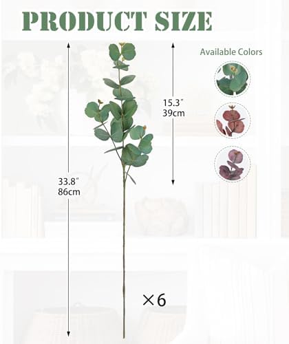 33.8" Tall Faux Eucalyptus Stems Real Touch Artificial Greenery Stem, Faux Eucalyptus Stems Silver Dollar Leaves, Fake Greenery Stem for Bridal Wedding Bouquet Vase Table Centerpiece Decor 6Pcs