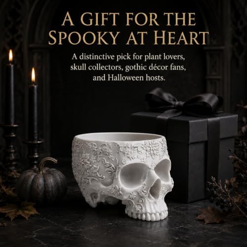 Halloween Skull Trick Or Treat Bowl Black Skeleton Planter Gothic Candy Pot