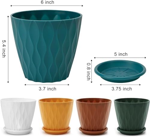YNNICO 6 inch Plant Pots, 5 Pack Flower Pots Outdoor Indoor, Planters with Drainage Holes and Tray Saucers（Multicolor）