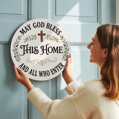 May God Bless This Home Wooden Hanging Sign for House Front Door, Christian Religion Welcome Sign for Porch Garden Patio