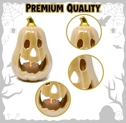 Halloween Ceramic Pumpkin Tea Light Holder Set of 3 Jack O Lanterns