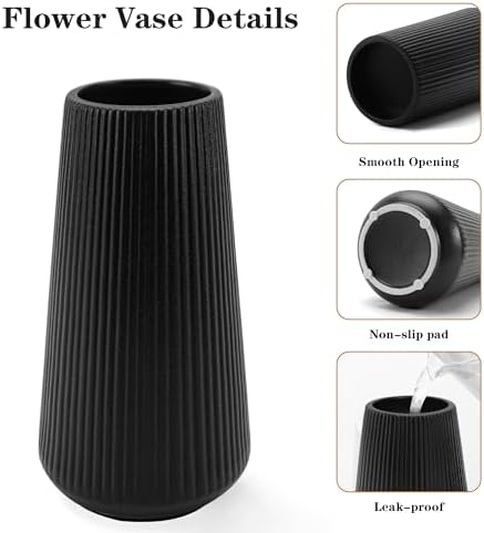 Black Ceramic Vase, GUKJOB Small Cute Flower Vase for Pampas Grass, Home, Living Room, Dining Table, Farmhouse, Office Decor, Bedroom, Table, and Kitchen Shelf (Black - 2Pcs)