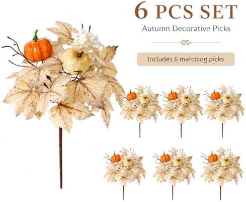 6 Pcs Fall Pumpkin Floral Picks, Artificial Maple Leaf Berry Stems, Thanksgiving Wreath Centerpiece Vase DIY Decorations