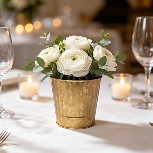 Hosley Metal Planters Pack of 2, Ideal Farmhouse Decor for Floral Arrangements Weddings, Gift Special Events Parties Outdoor Planters Gold 5" Dia x 4.8" H