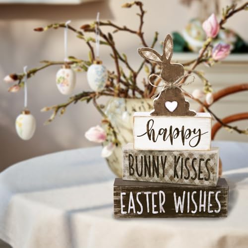 DIYDEC 4Pcs Easter Tabletop Decorations Bunny Wooden Block Signs Gift Rustic Tiered Tray Decor Happy Easter Centerpiece Farmhouse Wood Rabbit Table Sign for Kitchen Home Office Party Decor