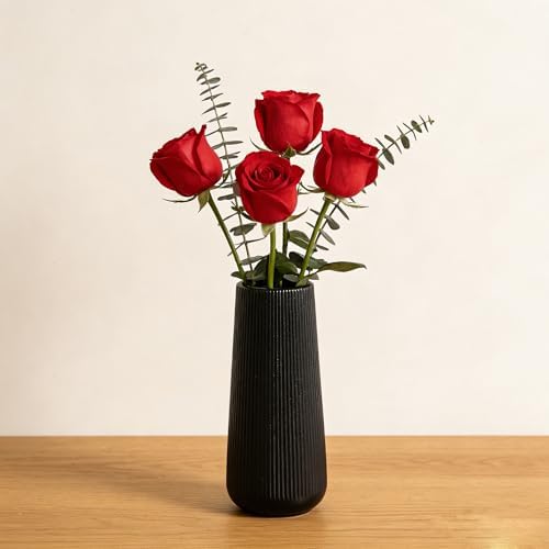 7.8''H Ceramic Vase, Pampas Grass Vase, Ribbed Modern Decor, Matte Black