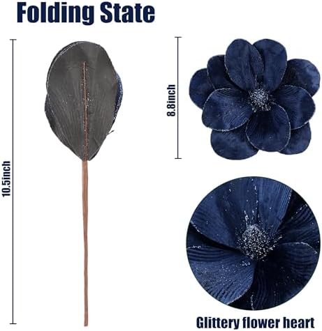 Sggvecsy 10Pcs Christmas Glitter Flowers Velvet Magnolia Flower Christmas Tree Ornaments Artificial Poinsettia Floral Picks for Xmas Wedding DIY Crafts Wreath Party Floral Decorations(Blue)