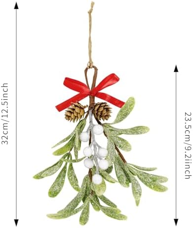 Christmas Mistletoe Decorations Frosted Artificial Mistletoe Ornaments with Bows Berries Pine Cones Snowy Fake Hanging Kissing Plant Stems for Xmas Tree Picks Doorway Holiday Decor (2, White)