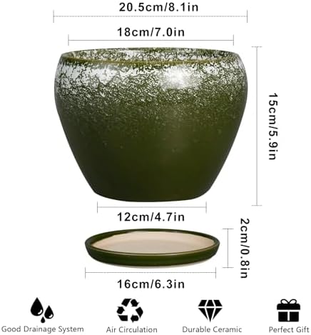 Ceramicfor 8 Inch Plant Pot - Ceramic Planter with Drainage, Dark Green
