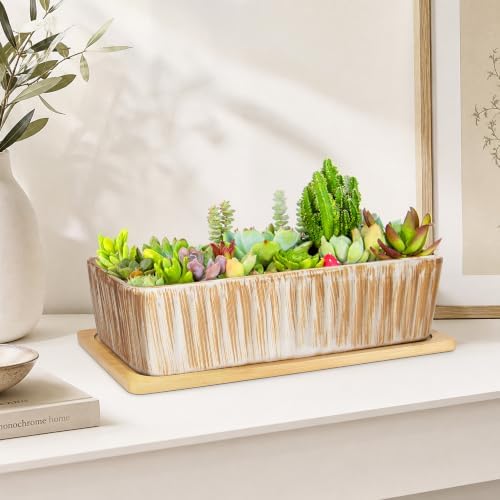 Succulent Pots, 12'' Long Rectangle Planters with Tray, Windowsill Planter