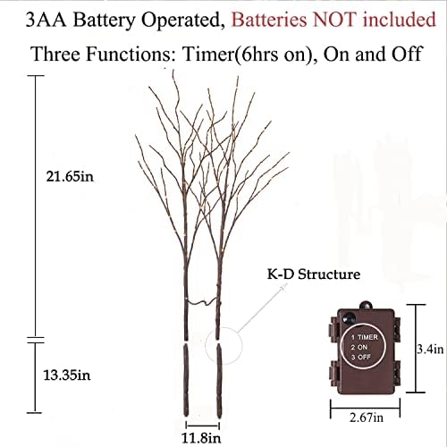 Hairui Lighted Brown Branches Battery Operated with Timer 32IN 100 LED Fairy Lights, Willow Branch Lights for Home Bedroom Fireplace Christmas Holiday Decoration Indoor Outdoor Use (Vase Excluded)