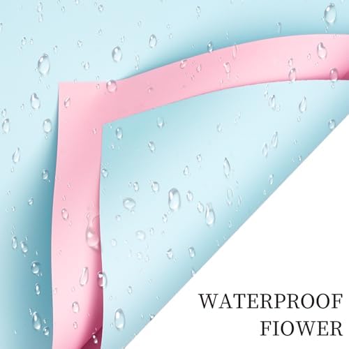 LeZakaa 20 Sheets Flower Wrapping Paper - Waterproof Reversible Floral Bouquet Paper - Sky Blue and Pink Design for Valentine's Day, Mother's Day, Parties, Birthdays, Weddings, Baby Shower