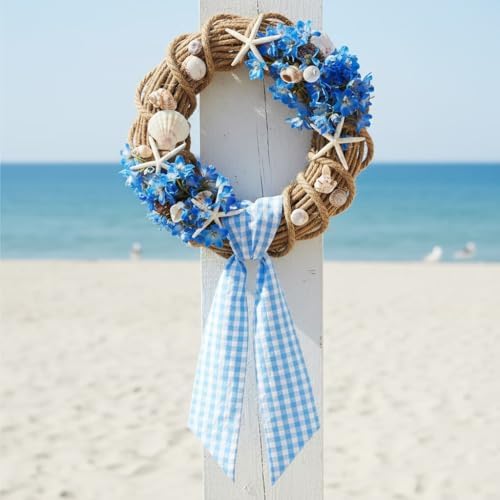 2 Pack Blue White Plaid Wreath Sash Front Door Decoration, Blank Sashes Patriotic July 4th Summer Holiday Party Bow Ribbon Bundle Indoor Outdoor Farmhouse
