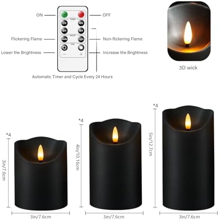 kakoya Flameless LED Candles Battery Operated with Remote and Timer,Flickering Electric Fake Plastic Pillar Candles Set of 12(D3 x H 3" 4" 5") Black