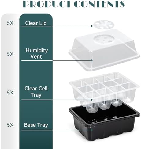 5-Pack Seed Starter Tray Seedling Kits,Plant Starter Kit with Adjustable Humidity Dome and Base Indoor Greenhouse Mini Propagator for Seeds Growing Starting(Blck)