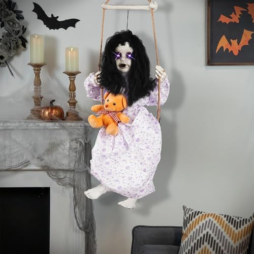 Hourleey Halloween Decorations Outdoor, Hanging Swinging Girl Doll Sound Activated with Lighted Eyes Creepy Sound, Animatronics Halloween Decor for Indoor Trees Party Garden Haunted House Prop