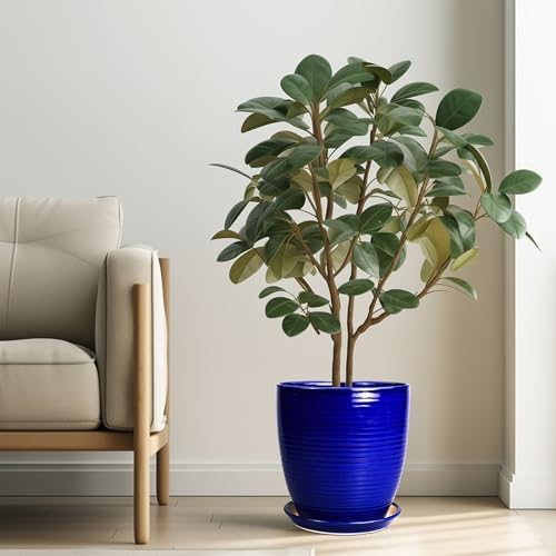 Ceramic Planter Pot - 10 Inch Plant Pot Indoor with Drainage Hole and Saucer Round Planter Large Modern Decorative Flower Pot Outdoor Garden Pot Blue