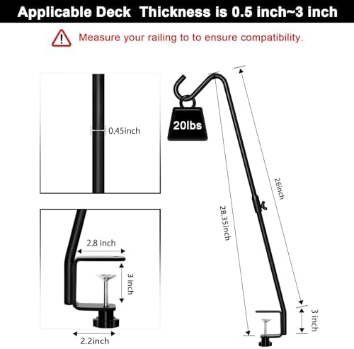 FEED GARDEN 2 Pack 29 Inch Adjustable Deck Hook,Solid Steel Deck Hangers for Bird Feeders,Lanterns, Flower Basket and Suet Baskets with Clamp,Black