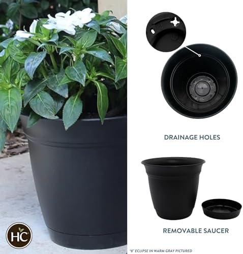 The HC Companies Eclipse Round Planter with Saucer - Outdoor & Indoor Plant Pot with Drainage Holes - Lightweight, UV-Resistant Plastic Pots for Plants, Flowers & Herbs (8" Black, Pack of 1)