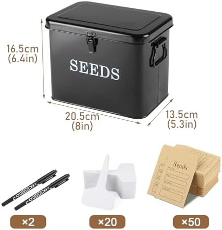 Seed Storage Organizer, T-Shape Compartment Seed Box with Safety Lock, Metal Seed Saving Box, Portable Seed Bin Container with Handle, Including 2 Pens 20 Plant Labels 50 Seed Envelopes-Black