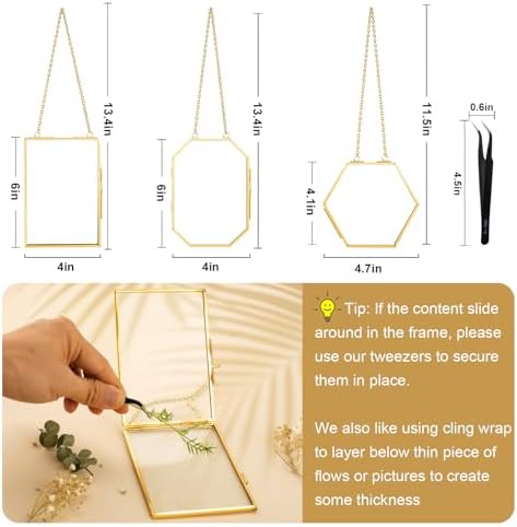 FOCHIER F 3 Pcs Pressed Flower Frames with Tweezers, Wall Hanging Double Glass Frames with Metal Chain for Pressed Dried Flowers Plants, Golden