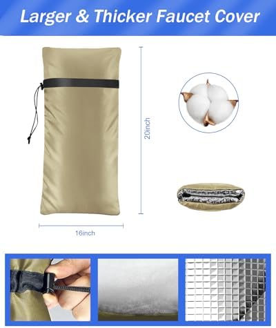 Outdoor Faucet Covers for Winter Freeze Protection, POROLIR Large 20" H x 16" W Thicker Insulation Long Faucet Sock for Outdoor Faucets & Yard Hydrant Hose Bib Insulated Spigot Covers Khaki