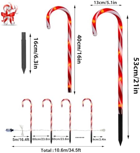 Candy Cane Outdoor Landscape Lights - 10 Pack 60 Red LEDs 21in Lighted Christmas Path Lights String with Memory Function 8 Flashing Modes End-to-End Plug in Waterproof Outside Candy Xmas Decorations