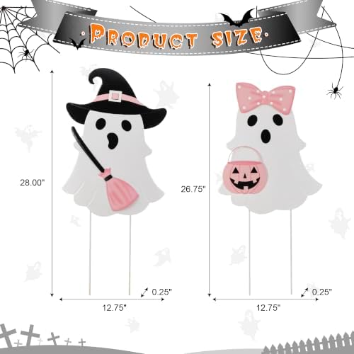 Glitzhome Halloween Ghost Yard Sign Set of 2, Cute Outdoor Ghost with Witch Broom & Pink Bow Pumpkin Outdoor Decorations, Halloween Metal Garden Stakes for Halloween Fall Autumn Lawn Decor
