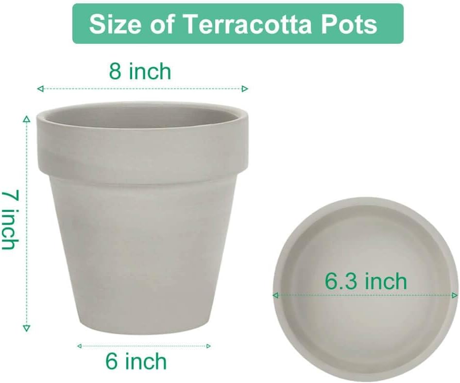 Gray 8 Inch Terracotta Pot for with Drainage - 2 Pack Large Terra Cotta Plant Pot with Saucers, Flower Clay Pot with