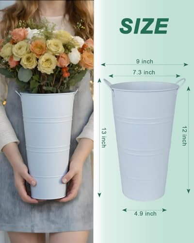 12 Inch Galvanized Metal Vase, 6 Pack Tall Flower Buckets with Handles
