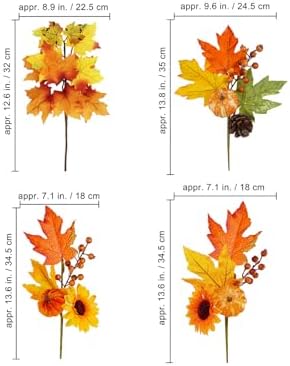 Winlyn 8 Pcs Fall Harvest Artificial Maple Leaf Stems Fall Picks and Sprays with Orange Pumpkins Sunflower Heads Pine Cones Berries 13" for Thanksgiving Autumn Wedding DIY Wreath Floral Arrangements