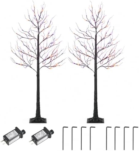6FT LED Lighted Halloween Tree 2-Pack Orange Purple Lights Décor