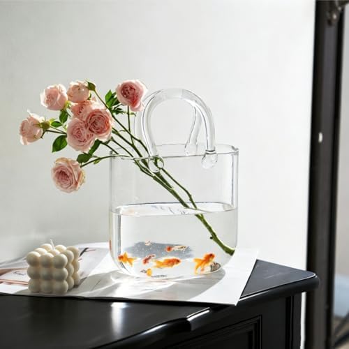 Noamus Purse Vase for Flowers, Unique Clear Glass Bag Vases with Handle, Handbag Shape Flower Vase Fish Bowl, Wide Mouth Bubble Vases for Wedding Birthday Centerpieces, Home Garden Decor(Transparent)