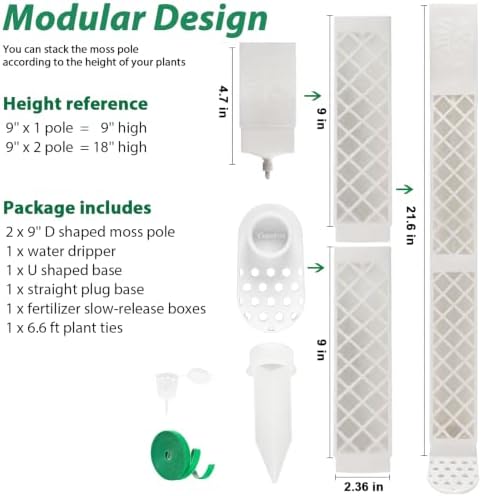 2 Pcs 9 Inch D Shaped Moss Pole with Watering Dripper, Plastic Moss Poles for Climbing Plants, Sturdy Monstera Plant Support, Self Watering Moss Pole Kit for Plants Indoor (1Pack 2Pcs-White)