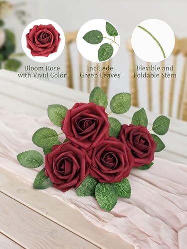 MACTING 30PCS Red Artificial Roses with Stems, Real Touch Foam Flowers