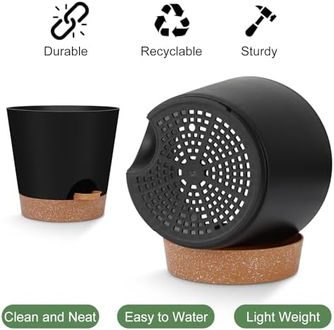 YNNICO Indoor Self Watering Planters with Drainage Holes and Saucers, 8, 7, 6.5, 6, 5.5, 5 Inches, Black, 6 Pots (Pack of 2)
