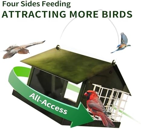 Solution4Patio Bird Feeders for Outdoors Hanging, All Metal, Double Suet Cake and Large Capacity, Hopper Tray & Weatherproof for Finch, Cardinal & Chickadee (Green)