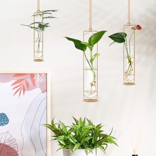 MIPON Metal Hanging Plant Propagation Station,3 Size Glass Test Tube Hydroponic Planter,Boho Wall Hanging Plant Cuttings Holder,Indoor Water Plant Terrarium Tubes for Home Office Window Decor-Gold