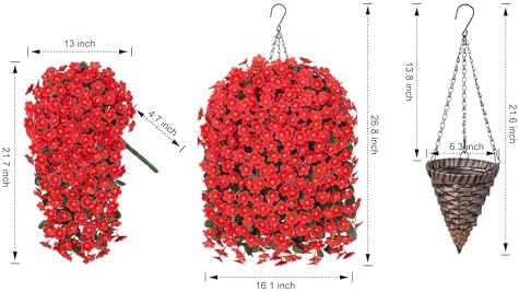 Artificial Hanging Flowers with Baskets for Decor, Fake Silk Red Hanging Daisy Orchid Flowers Plants, Faux Flower Centerpieces for Home Indoor Outdoor Garden Patio