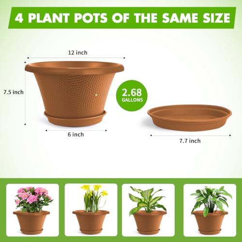 Quarut 12 Inch Pots for Plants,4 Pack Large Flower Pots with Saucer